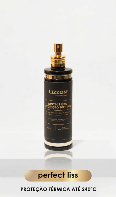 Um elegante frasco de spray preto e dourado da Lizzon, com o rótulo Lizzon Profissional Perfect Liss Proteção Térmica, fica na vertical em uma superfície branca, oferecendo 200 ml de proteção avançada até 240°C.