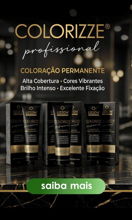 Quatro caixas da coloração permanente de cabelo Lizzon Colorize Profissional são exibidas em uma superfície de mármore preto com um fundo desfocado, escuro e elegante. O texto destaca sua alta cobertura, cores vibrantes, brilho e fixação duradoura.
