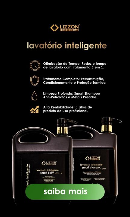 Dois frascos pretos de produtos para tratamento capilar da Lizzon Professional são mostrados em um fundo preto com texto descrevendo seus benefícios, como lavagem otimizada, tratamento completo e alta rentabilidade. Um botão verde diz saiba mais.