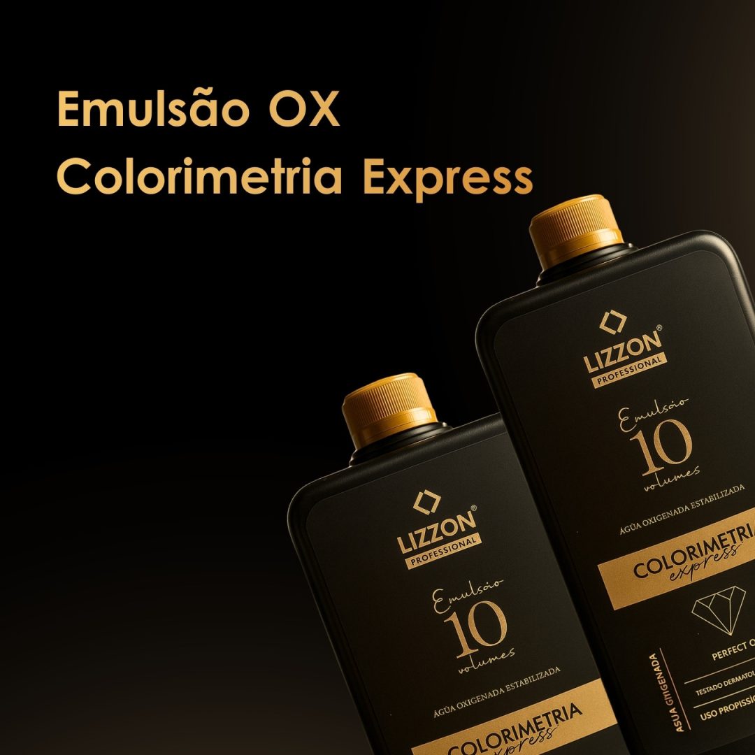 Dois frascos pretos de Lizzon Professional Emulsão OX Colorimetria Express com tampas douradas são exibidos em um fundo marrom gradiente. O texto na imagem destaca o nome do produto e a marca.