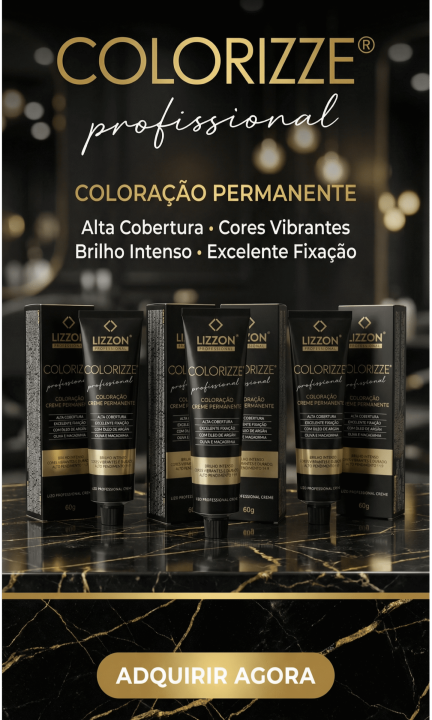 Cinco tubos de coloração permanente de cabelo Lizzon Colorizze Profissional são exibidos na vertical em uma superfície de mármore preto e dourado, com texto promocional e recursos listados acima e um botão dourado "Adquirir Agora" abaixo.