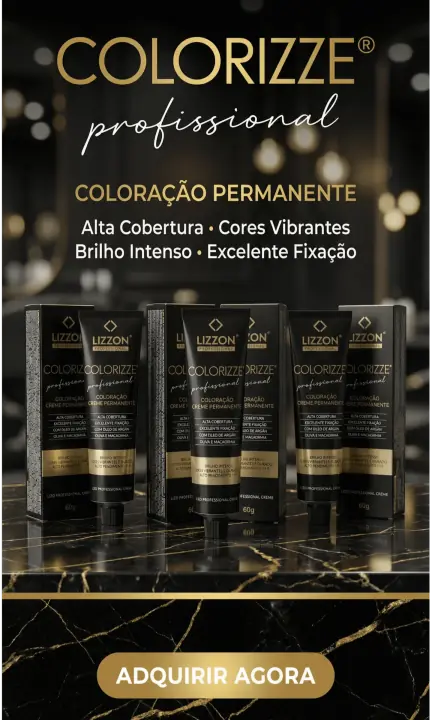 Cinco tubos de coloração permanente de cabelo Lizzon Colorizze Profissional são exibidos na vertical em uma superfície de mármore preto e dourado, com texto promocional e recursos listados acima e um botão dourado "Adquirir Agora" abaixo.