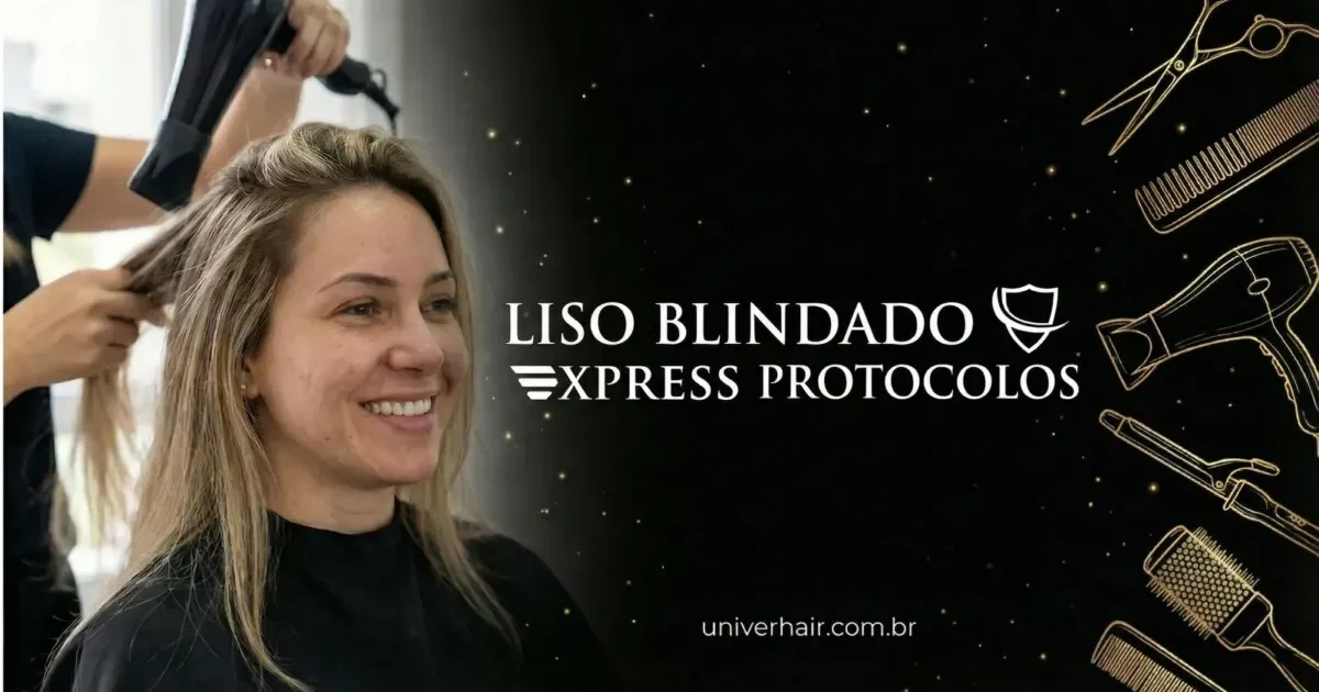 Uma mulher de cabelos loiros sorri enquanto tem seus cabelos secados em um salão de beleza. O texto "Liso Blindado Express Protocolos" aparece em um fundo preto com ilustrações de ferramentas de modelagem de cabelo.