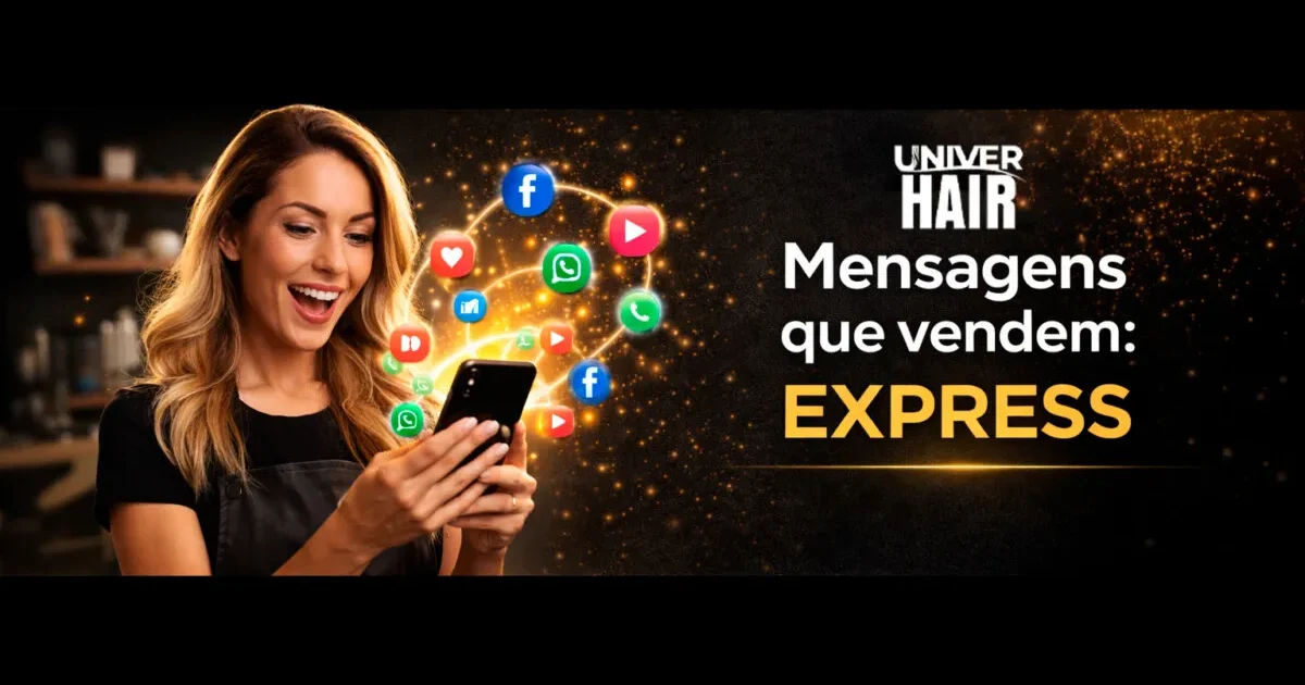 Uma mulher sorri enquanto olha para seu telefone, com ícones de mídia social ao seu redor. O texto diz: UNIVER HAIR Mensagens que vendem: EXPRESS em um fundo preto.