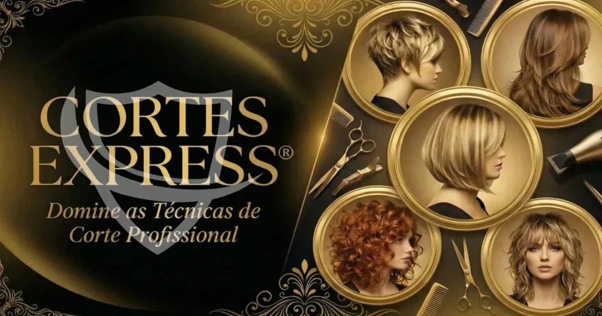 Um gráfico exibe cinco penteados femininos diferentes em molduras douradas com ferramentas de cabeleireiro ao redor. O texto diz: Cortes Express. Domine as Técnicas de Corte Profissional em um fundo preto e dourado.