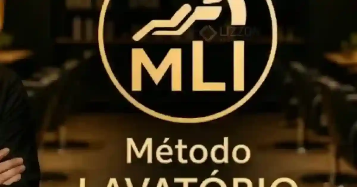 Duas pessoas com uniformes pretos estão em um salão elegante com iluminação dourada. Entre elas, há um logotipo que mostra uma pessoa reclinada, o texto "MLI Lizzon" e, abaixo, "Método Lavatório Inteligente".